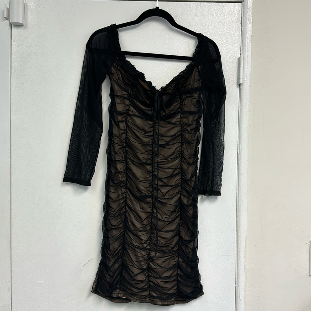 Black plus size sheer dress fitted dress with tie size 1x large 92% nylon 8%